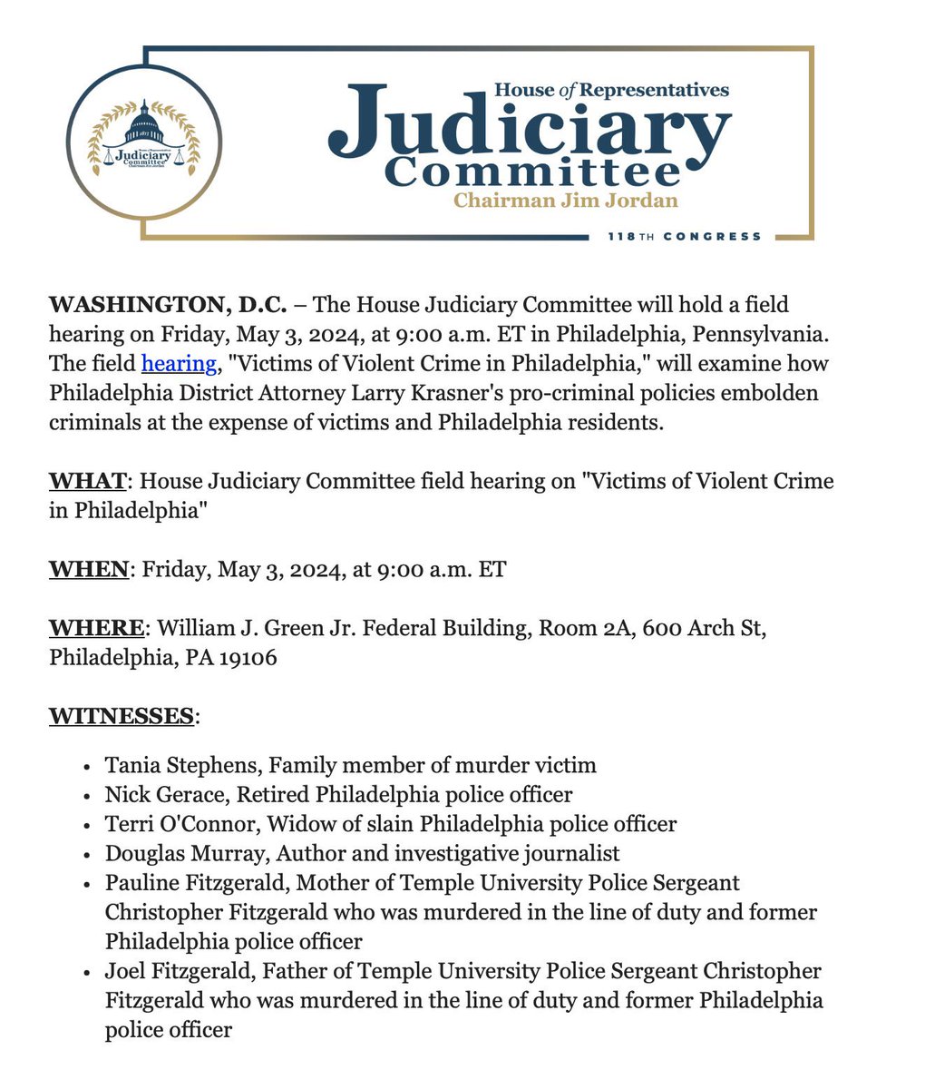 Tomorrow. Philadelphia. Hearing. Crime. 9:00 a.m.