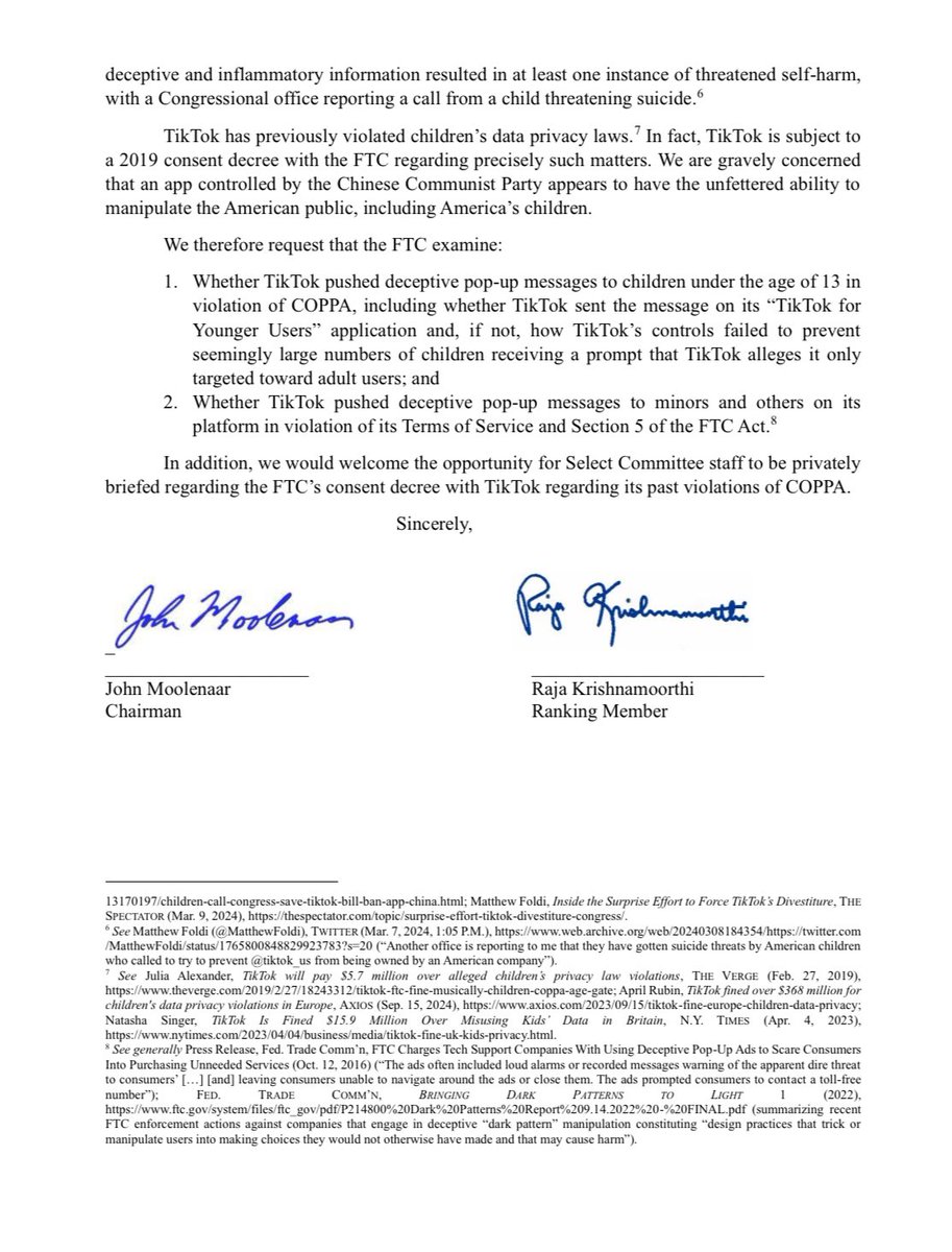 BREAKING: @RepMoolenaar & @CongressmanRaja call on the @FTC to investigate @tiktok_us for potential violations of child privacy laws after TikTok sent false information to users and children urging them to lobby Congress against separating TikTok from CCP Control.

“The…