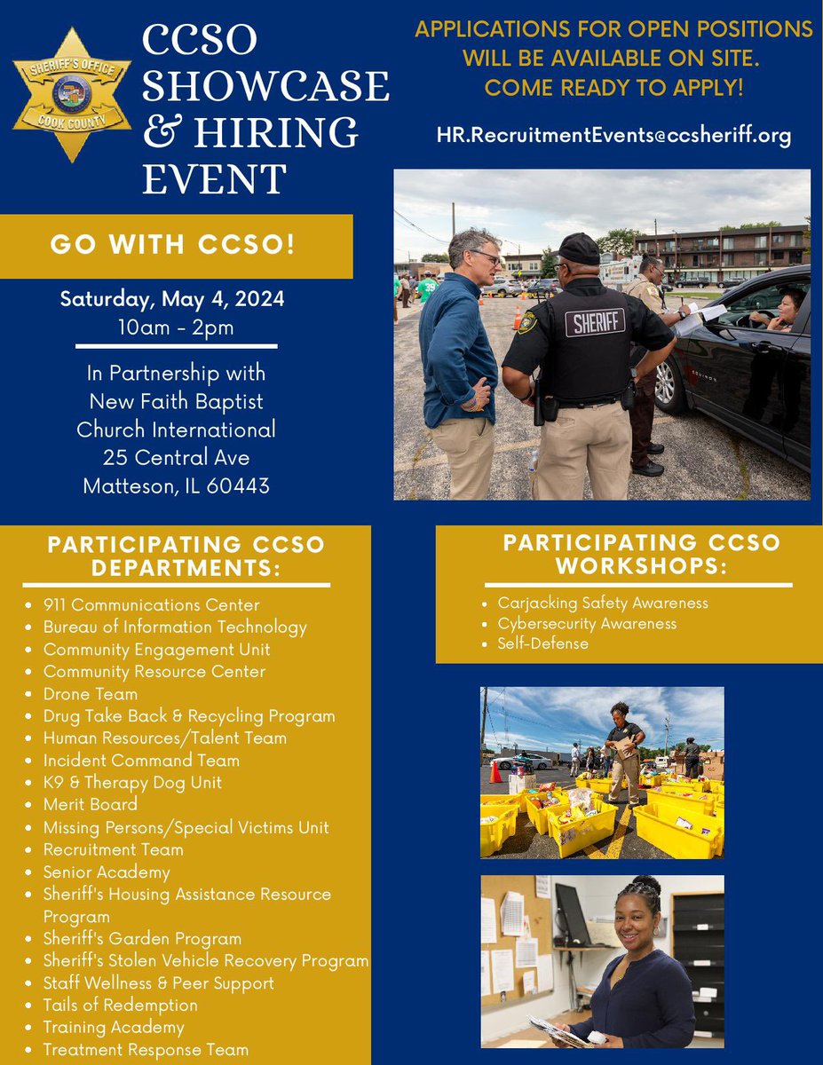 Come out to our CCSO Showcase & Hiring event this Saturday!

You’ll be able to apply on-site for employment with our office and speak with our staff to learn about all of the different opportunities available. 

Hope to see you there! #GoWithCCSO