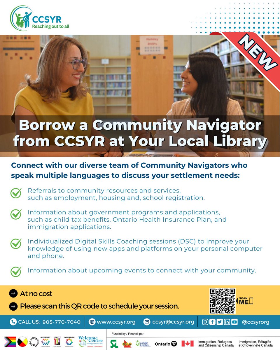 Exciting news! Now on, newcomers in York region will find #ccsyr community navigators at local libraries! 
#LibraryServices #SettlementServices @vaughanpl @RichmondHillPL @markhamlibrary @EGPublicLibrary @georginalibrary @APLtweets @NewmarketPL @WSPLibrary @KingLibraries