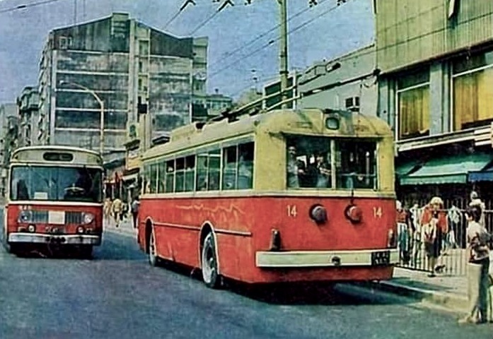 Trolleybus and Leyland bus meet up in Pangaltı, İstanbul, c 1970