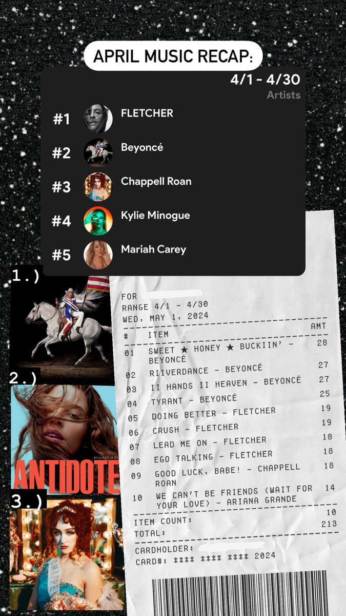 🎧 Forgot to post my April #Receiptify and #StatsFM wrap for the month. No surprises here… Cowboy Carter on top for albums and tracks 🐝, my two classic divas, 🦄 pink pony club status, and #sadgirlszn of course at number one for artists 🥹.