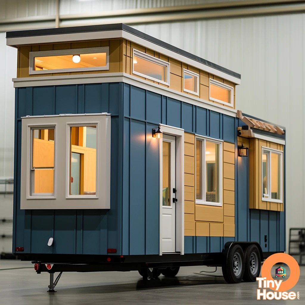 'Look at this stunning tiny house on wheels!  Contemporary design with a mix of beige and blue colors make it truly unique. Comment below with your favorite design elements and if you'd incorporate any into your own home! #tinyhouse #architecture #design #contemporary...