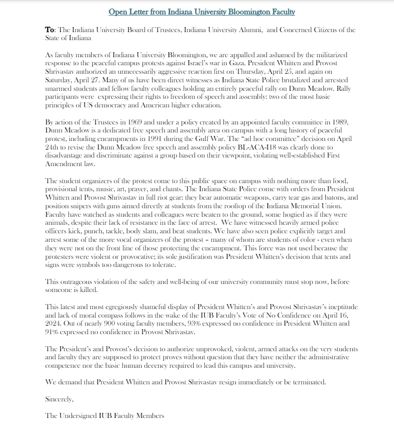 1000+ @IUBloomington faculty signed an open letter calling for the termination of Pamela Whitten and Rahul Shrivastav. An announcement on the petition's page says non faculty signatures have been removed: petitions.net/a/441232 @WFIUWTIUNews