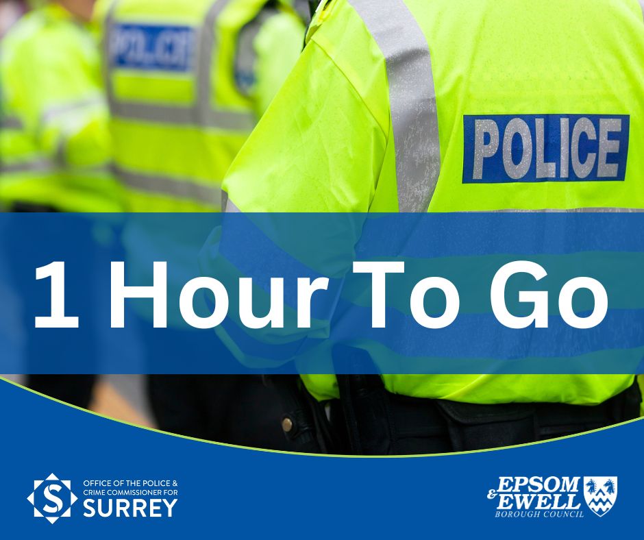 You have 1 hour left to vote for the Police & Crime Commissioner for Surrey. Don't forget you photo ID, you won't be able to vote without it. #PCCElections