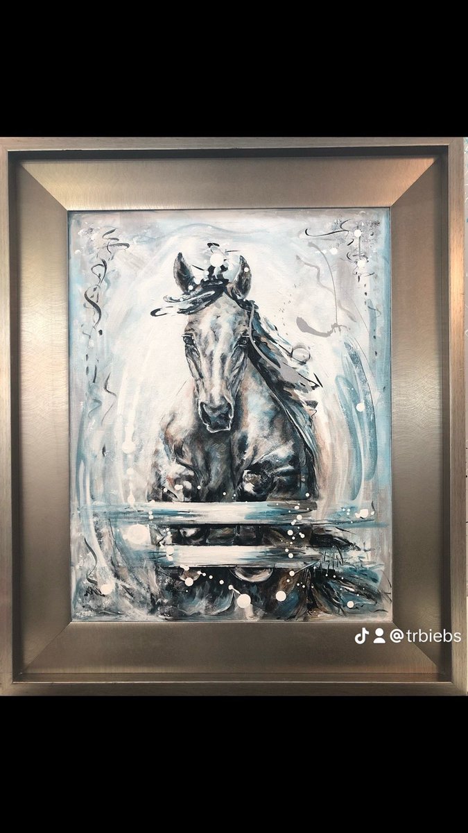Acrylic on repurposed frame and hardboard. 22”x28”
#horse #expressionism #jump #brushstrokes #equineart 
The last stage of this painting was a paint pour! So FUN, so scary and so exhilarating.   #canadianart #jump #showjumping #showjumper #upscale #acrylicpainting #canadianartist