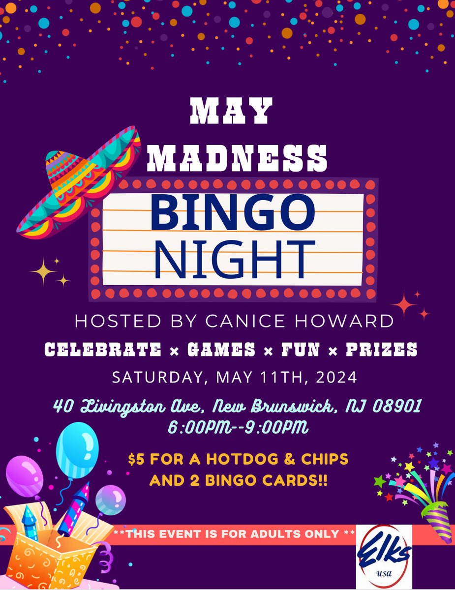 Come out, win some prizes and enjoy a fun-filled evening at May Madness Bingo Night!

At the New Brunswick Elks Lodge on May 11 from 6-9 PM

ow.ly/gy2A50Ru9GV

#NBcitycenter #newbrunswicknj #bingo #bingonight #njevents