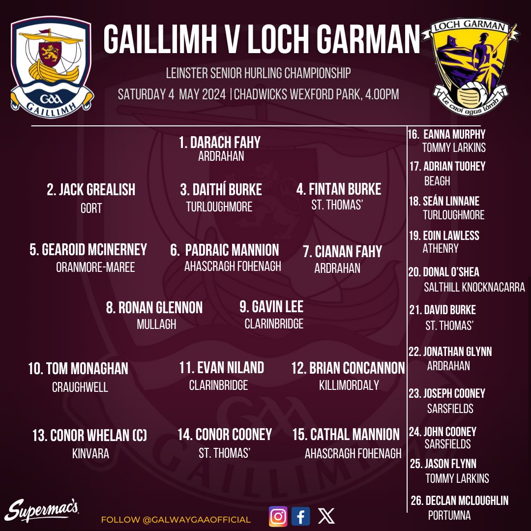 🚨TEAM NEWS🚨
The Galway Minor and Senior Hurling teams to face Wexford on Saturday are both announced⤵️

Wishing Kenneth Burke, Management and Minor squad and Henry Shefflin, Management and Senior squad the Best of Luck!
➡️galwaygaa.ie/team-news-galw…

#riseofthetribes
#gaillimhabú