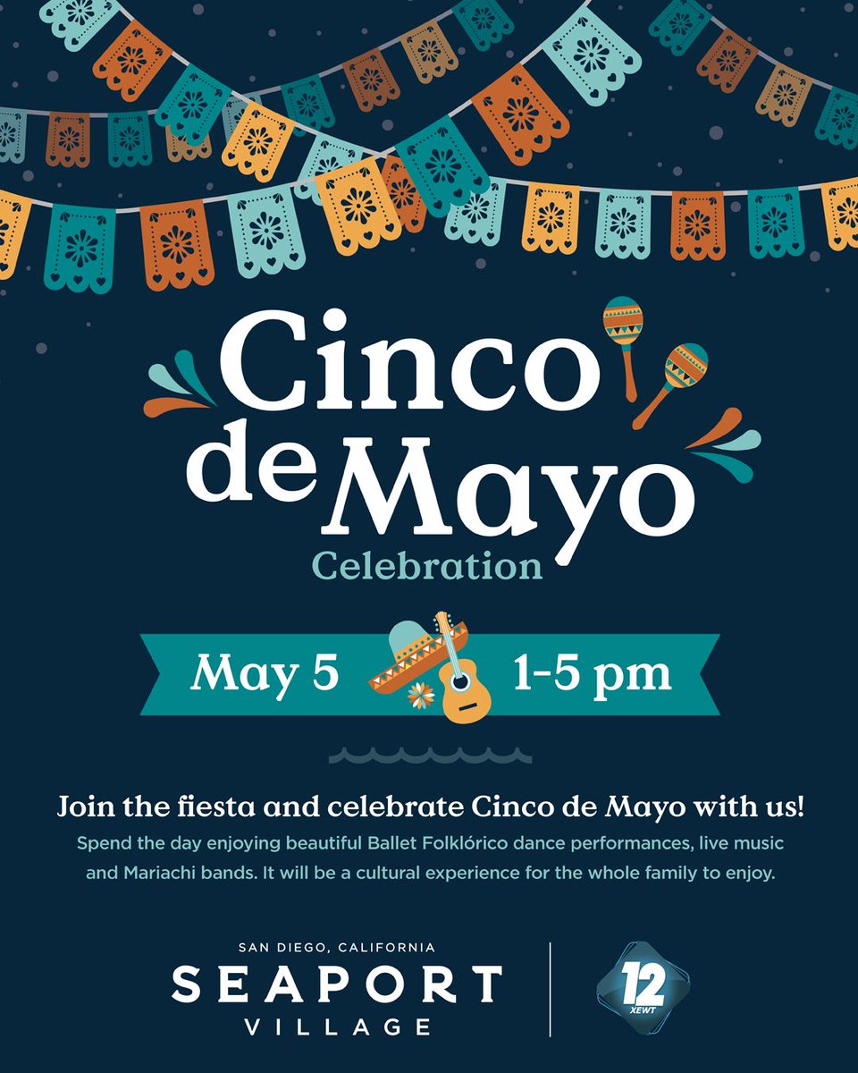 Felices Fiestas! 🎊 Seaport Village is hosting a free Cinco de Mayo celebration this Sunday from 1-5 PM. Learn about the significance of this Mexican holiday with live entertainment, cultural performances, and more! ➕tinyurl.com/SPV5M