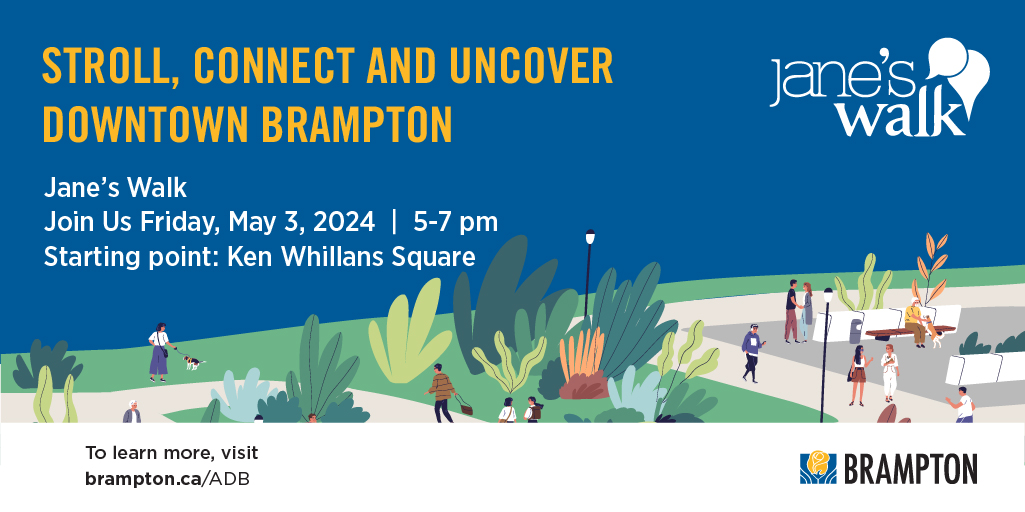 Join us tomorrow for the Jane's Walk Guided Walking Tour through #DowntownBrampton! 🚶‍♀️ From public art to transportation innovation, let's shape the future of our downtown together. Learn more 🔗: brampton.ca/ADB