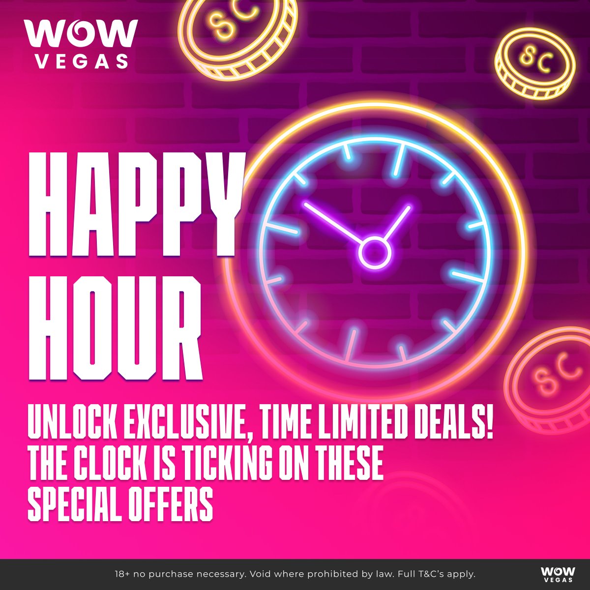 Get ready: Happy Hour just started at WOW Vegas!🚨 For the next two hours only, three specially discounted packs will be available. Only one per customer!🤩 Hurry up, it will only be available between 4 to 6pm ET or 1 to 3pm PT.⌛