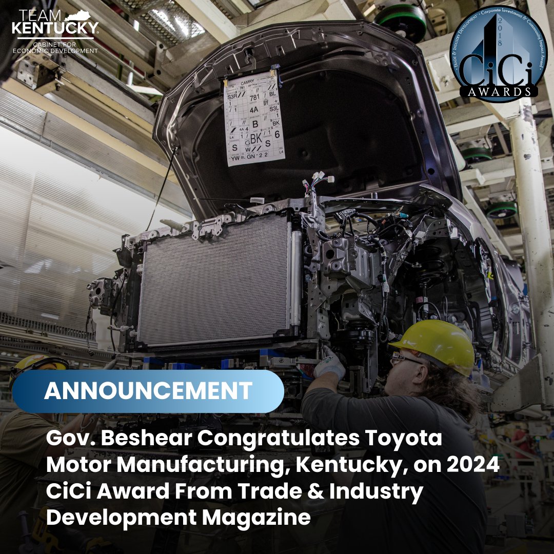 Today, @GovAndyBeshear congratulated @Toyota Motor Manufacturing, Kentucky (TMMK), an automotive leader in the state, as the company received a 2024 Corporate Investment & Community Impact (CiCi) Award from Trade & Industry Development magazine. 🚙 👏 🔗: cedky.com/s/1tsd1868