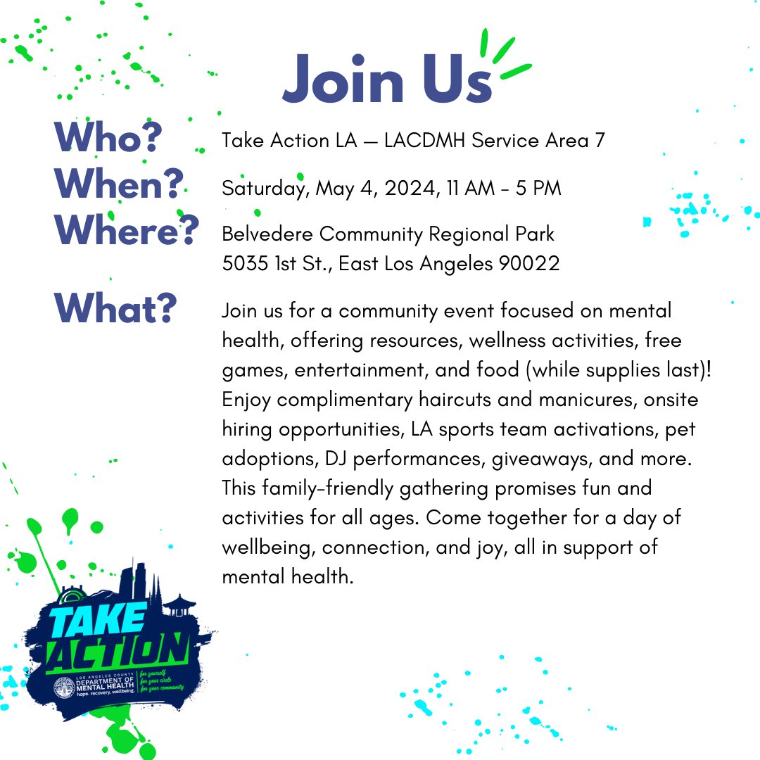 Join us this Saturday, May 4th for a day of wellness and fun! Take Action for Mental Health L.A. County is hosting two community events: 📍Sgt. Steve Owen Memorial Park 🕚 11 AM - 3 PM 📍Belvedere Community Regional Park 🕚 11 AM - 5 PM Learn more at takeactionla.com 🔗