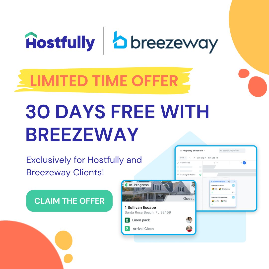 hostfully's tweet image. Enjoy 30 days of free operations when you sign up with Breezeway!
Say goodbye to those scheduling headaches and hello to smooth sailing with streamlined property care and guest services with Breezeway&apos;s innovative platform.
👉👉 hostfully.com/partner-promot…
#ProperyManagement