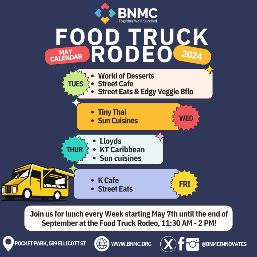 The Food Trucks are back for 2024. Beginning May 7th lunch will be available every Tuesday through Friday from 11:30 am – 2 pm at the Pocket Park at 589 Ellicott. Visit and learn here! bnmc.org/food-trucks-20…