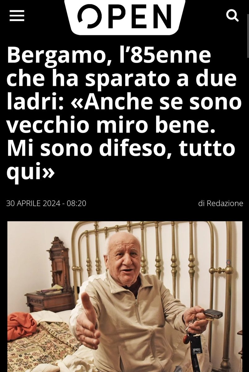 Domenico Scarcella, 85 anni, mio nuovo mito.
Maresciallo GdF in pensione, subisce una rapina mentre dorme e reagisce.
Spara a scopo intimidatorio,ferisce di striscio un rapinatore.
La sinistra lo attacca.
Indagato.
Unico a difenderlo, Salvini.
Perché la difesa è sempre legittima.