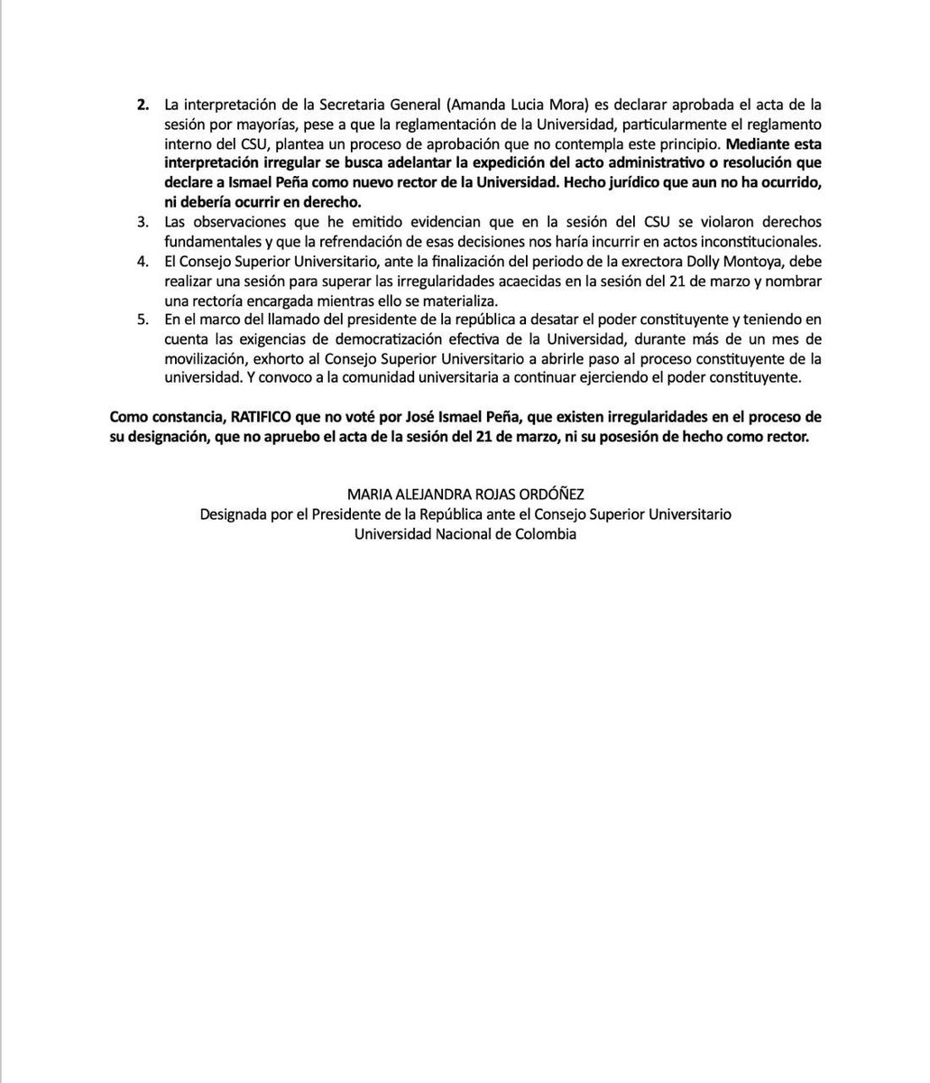 Comunidad #Unal 
“Como constancia, RATIFICO que no voté por José Ismael Peña, que existen irregularidades en el proceso de su designación, que no apruebo el acta de la sesión del 21 de marzo, ni su posesión de hecho como rector.”
Por favor difundir.