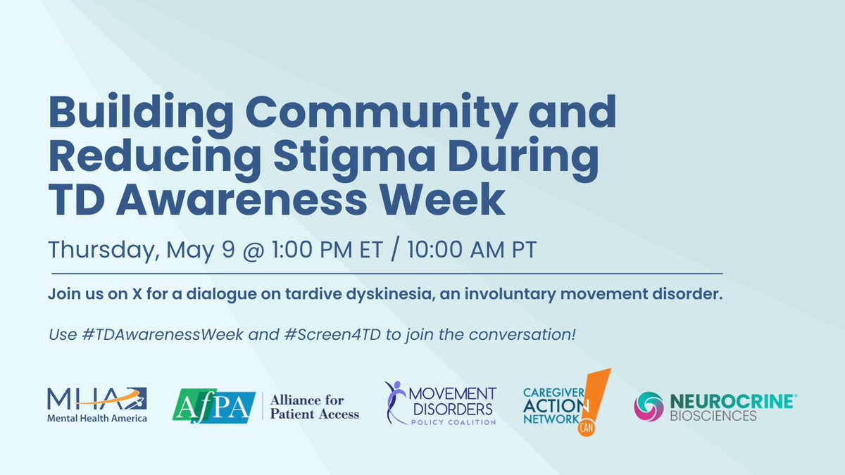We are excited to participate in the annual #TDAwarenessWeek X Chat, in partnership with @MentalHealthAm, @patientaccess, and @movedisorders  Join the conversation on @MentalHealthAm’s X channel on May 9 at 1PM ET.