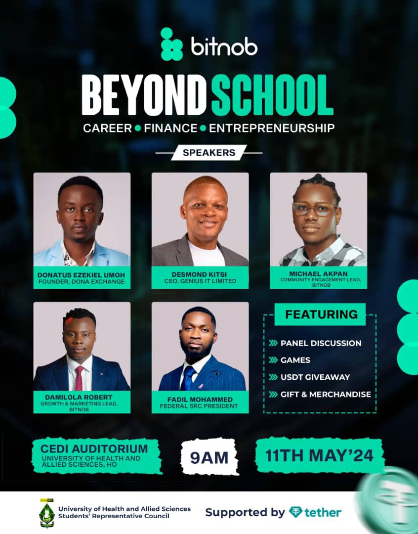 📢📢 *ATTENTION!!* 📢📢

Exciting opportunity alert!  Join the *UHAS SRC* and *bitnob* for an exclusive seminar on #CryptoCurrency, career growth, financial mastery, and entrepreneurial excellence.
Don't miss this chance to ignite your ambitions and chart a course to success!