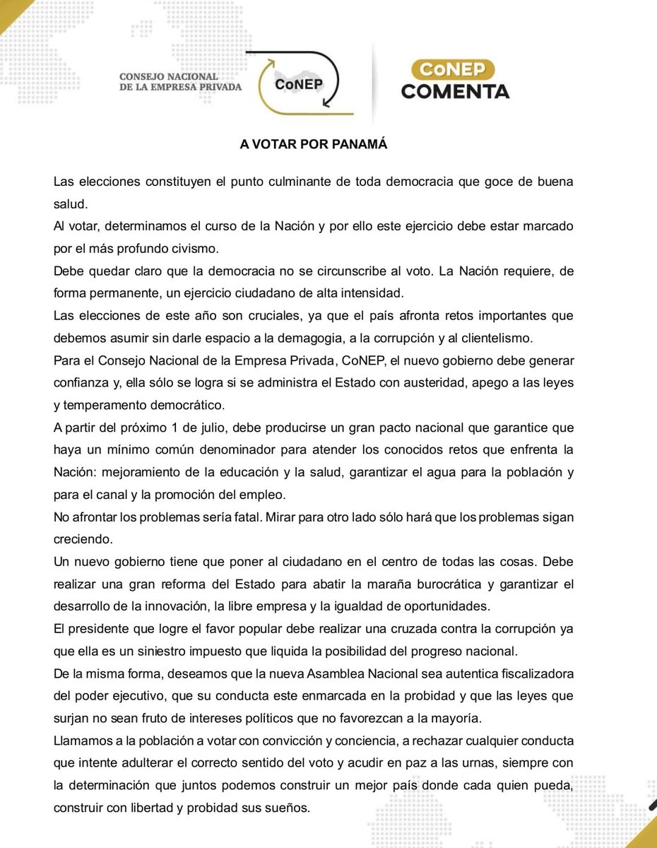 #TúEliges2024 | El @CONEPPanama hace un llamado a votar este cinco de mayo con convicción y conciencia, a rechazar cualquier conducta que intente adulterar el correcto sentido del voto y acudir en paz a las urnas, y así construir un mejor país para todos. #RadioPanama