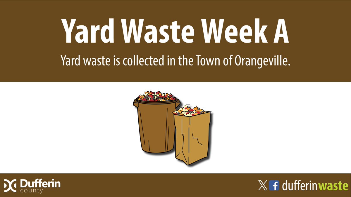 Yard Waste collection is happening next week in Orangeville! 

Place yard waste at the curb by Monday at 7AM of your scheduled week. Collection begins on Monday & occurs throughout the week until completed. 

For more info, visit rb.gy/e8vs15