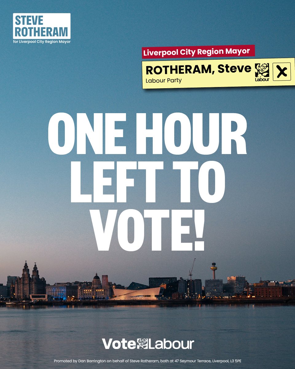 🚨 ONE HOUR LEFT!! ⏰ If you haven’t voted yet, there’s still time. 🗳️ Polls are open until 10pm and every vote counts! 💪 Vote Labour to take back our future from Westminster.