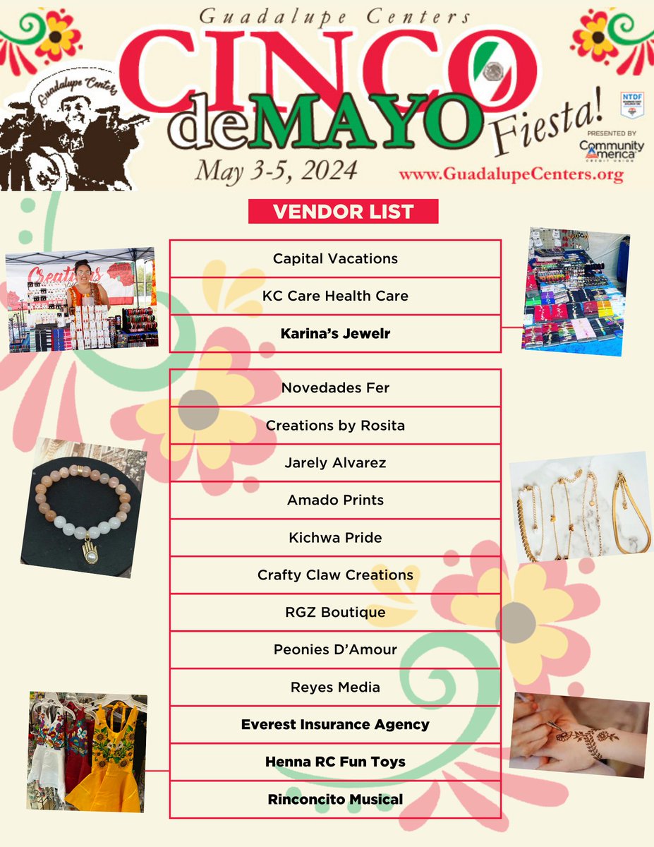 GCI1919's tweet image. We&apos;re excited about the incredible lineup of vendors at our Cinco de Mayo Fiesta this weekend! Check them out y nos vemos allí! 

#cincodemayo #fiesta #enjoylocal #kansascity #cinco #guadalupecenters