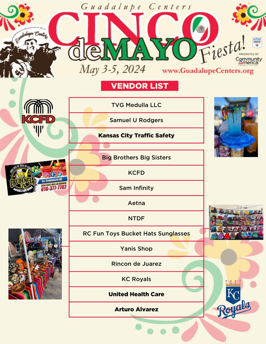 GCI1919's tweet image. We&apos;re excited about the incredible lineup of vendors at our Cinco de Mayo Fiesta this weekend! Check them out y nos vemos allí! 

#cincodemayo #fiesta #enjoylocal #kansascity #cinco #guadalupecenters