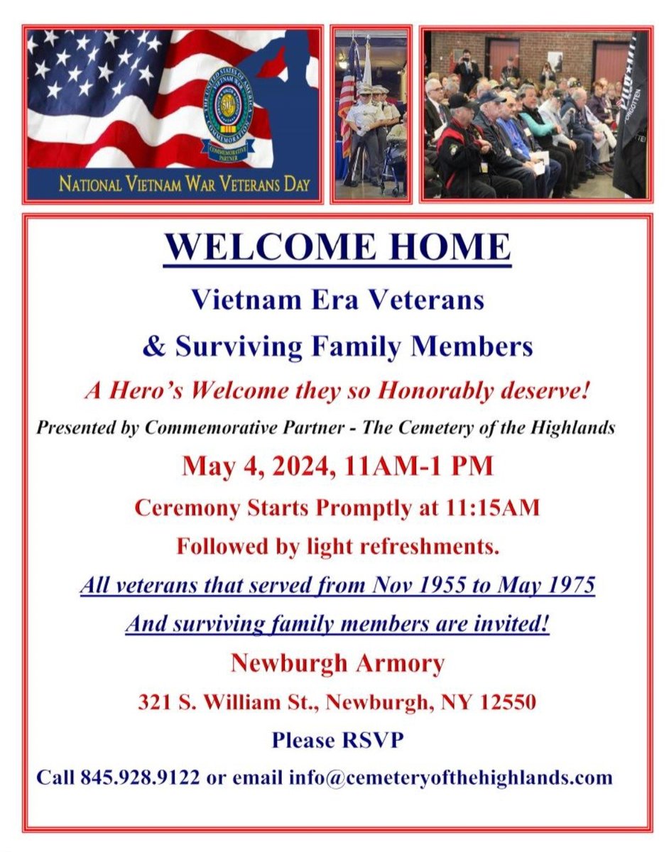 As we begin Military Appreciation Month, Vietnam Era veterans & their families are invited to be honored Saturday, May 4, at the Newburgh Armory.

To our veterans, servicemembers, & military families, thank you for the huge sacrifices you've made to protect our nation & freedoms.