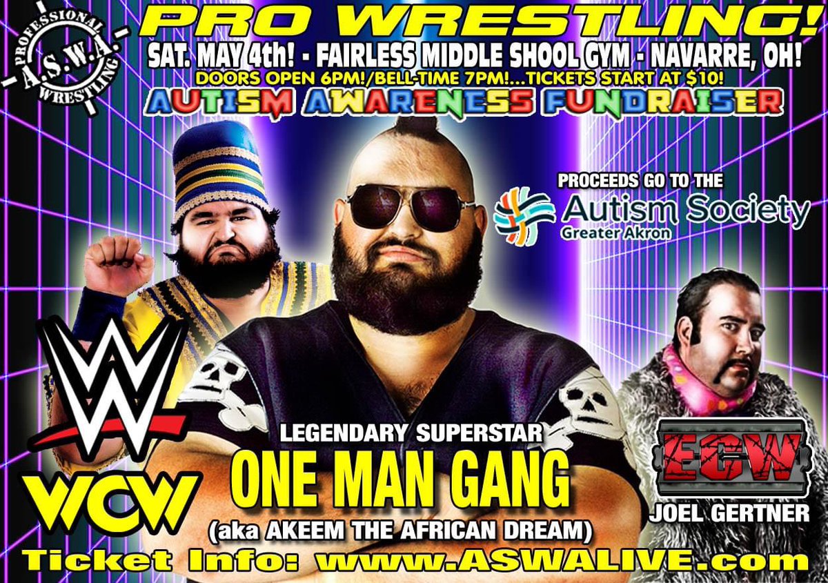 Joe Hershberger (@scorpiojoe78) on Twitter photo This Saturday Night! Dylan’s Annual Autism Awareness Fundraiser with <a href="/ASWAslam/">ASWA</a> Pro Wrestling!
FIRST TIME EVER!
<a href="/vetjackvaughn/">“The Veteran” Jack Vaughn</a> vs <a href="/BenjaminBoone1/">Bachelor Benjamin Boone (Palicki)🌹</a>
Also a Rare appearance by Wrestling Legend One Man Gang/Akeem, and a special appearance from ECW’s <a href="/StudMuffinSays/">Joel Gertner</a> 💪🏼 This Saturday Night! Dylan’s Annual Autism Awareness Fundraiser with <a href="/ASWAslam/">ASWA</a> Pro Wrestling!
FIRST TIME EVER!
<a href="/vetjackvaughn/">“The Veteran” Jack Vaughn</a> vs <a href="/BenjaminBoone1/">Bachelor Benjamin Boone (Palicki)🌹</a>
Also a Rare appearance by Wrestling Legend One Man Gang/Akeem, and a special appearance from ECW’s <a href="/StudMuffinSays/">Joel Gertner</a> 💪🏼