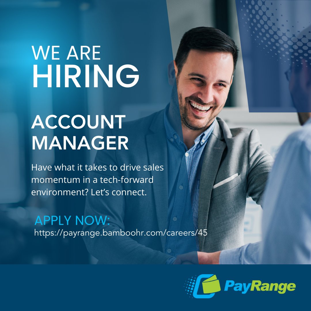 Elevate your career with PayRange as our new Account Manager, where you'll play a pivotal role in nurturing and growing our client base. 

Think you've got what it takes? 
Learn more and apply today: payrange.bamboohr.com/careers/45

#hiringnow #accountmanager #techjobs #payrangecareers