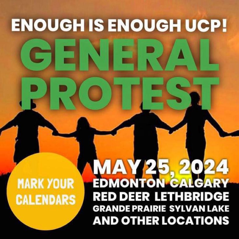 There is a protest taking place across Alberta on May 25, 2024.

'Enough is enough, it's time you turn your anger into action. Alberta-wide rally against the UCP's authoritarian agenda'

enoughisenoughucp.ca

#enoughisenoughucp

#abpoli #alberta #yyc #yeg