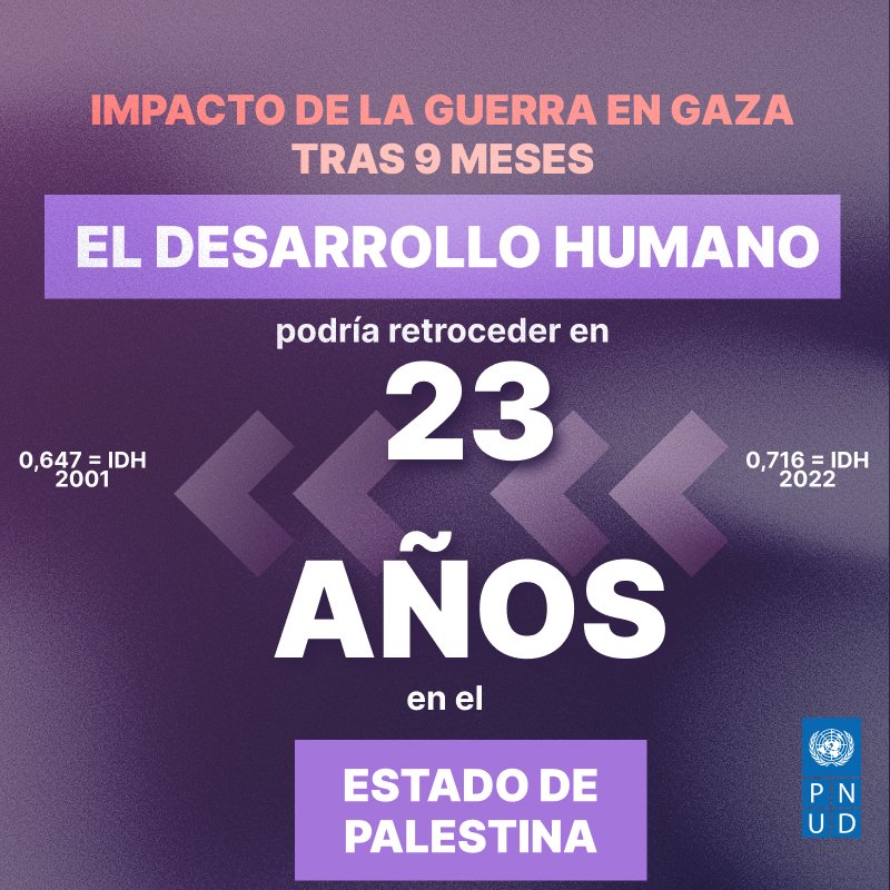 Tras 7 meses de guerra en #Gaza, podría registrarse un retroceso de 17 años en el #DesarrolloHumano en el Estado de Palestina.

Tras 9 meses, el retroceso sería de más de 20 años.

Más hallazgos en nuestro nuevo informe con @UNESCWA en go.undp.org/ZwT