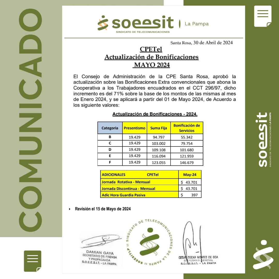 #CPETel: actualización sobre Bonificaciones Extra convencionales a partir del 1 de Mayo 2024.

#LaPampa
#SOEESIT
#Telecomunicaciones