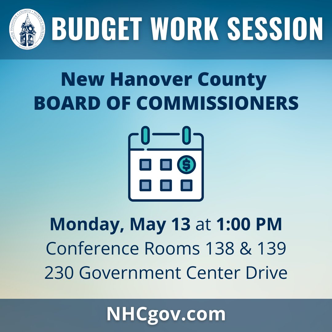 The #NHCgov Board of Commissioners will hold a Budget Work Session on Monday, May 13 at 1 pm to discuss priorities for Fiscal Year '24-'25. Stream the meeting live on YouTube.com/NewHanoverCo, Spectrum Cable channel 13 & NHCTV.com. Read more: loom.ly/mavNJqA