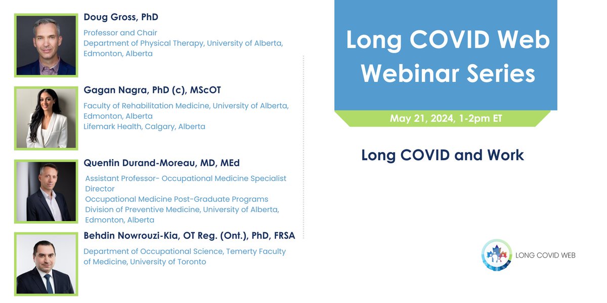 Please join us at our upcoming webinar on ‘Long COVID and Work’​. Hear from Drs. @behdin, @DP_Gross, & @qdurandmoreau, along with Doctoral Candidate Gagan Nagra.​ When: Tuesday, May 21, 2024, 1pm – 2pm ET To learn more & register: bit.ly/3WoF75h #LongCOVID #LCWwebinar