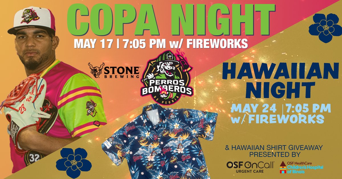 BACK 2 BACK HOME SERIES AT DOZER PARK OH MY!! And friYAY is filled with postgame fireworks! •Fri, May 17 | 7:05pm 🐶Copa Night •Fri, May 24 | 7:05pm 🌺Hawaiian Night & Hawaiian Shirt Giveaway 🎟 : atmilb.com/4dBCy6r - - - #peoriachiefs