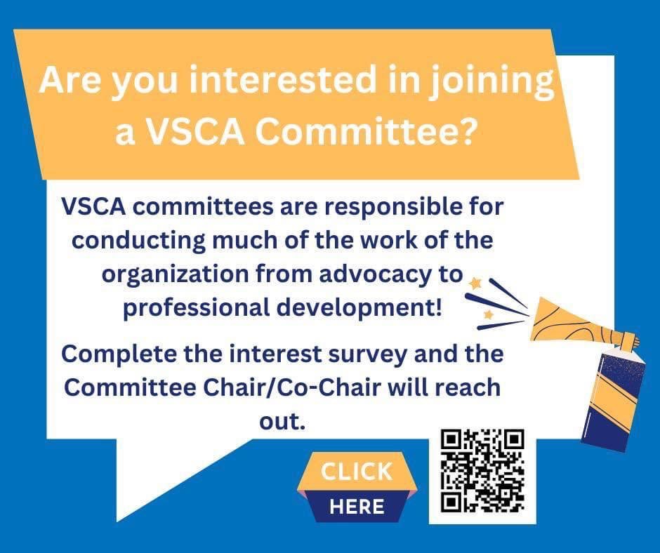 Are you interested is joining a VSCA Committee? We need you🫵🏽🫵🏼!

Complete the interest survey and the Chair/Co-Chair of that committee will reach out to discuss further opportunities!

forms.gle/et4PVCtV37Ltgp…