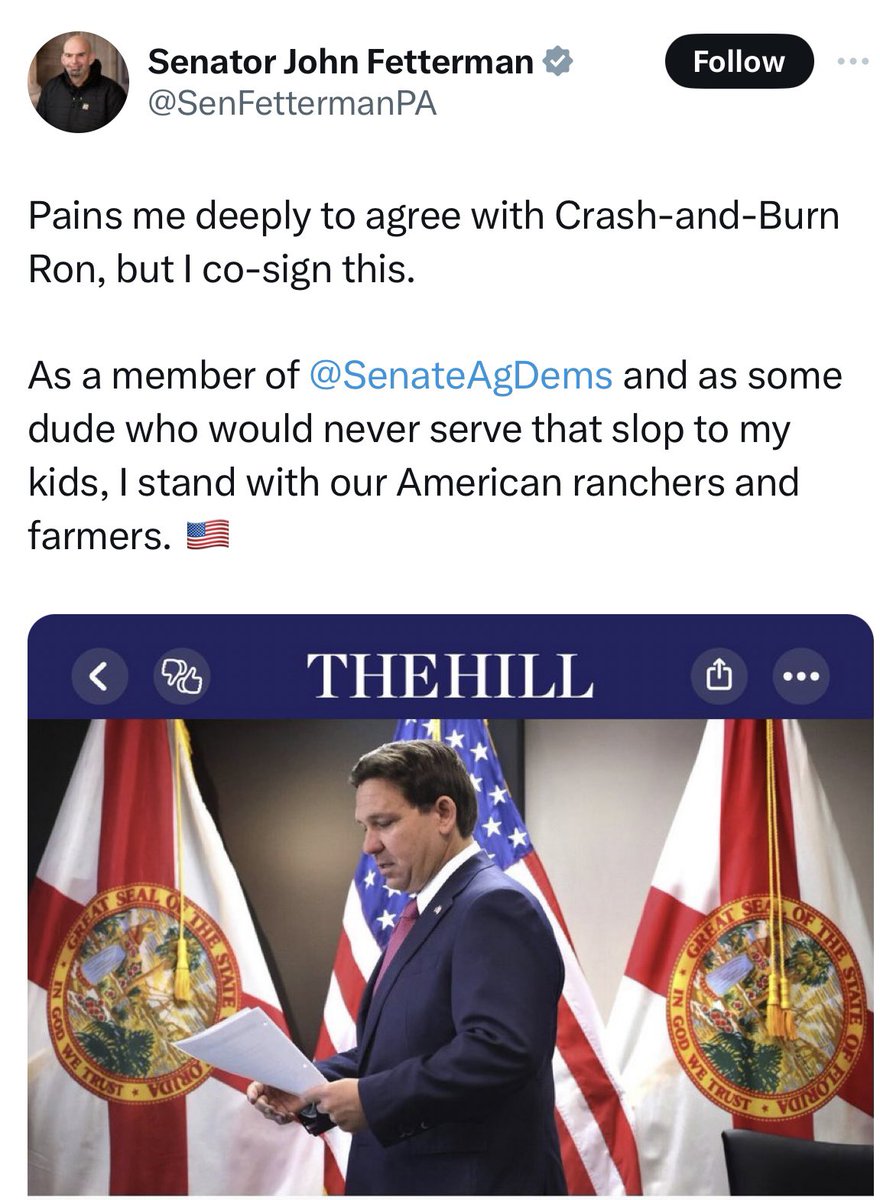 Fetterman gives DeSantis credit for banning lab-grown meat: “As some dude who would never serve that slop to my kids, I stand with our American ranchers and farmers.”