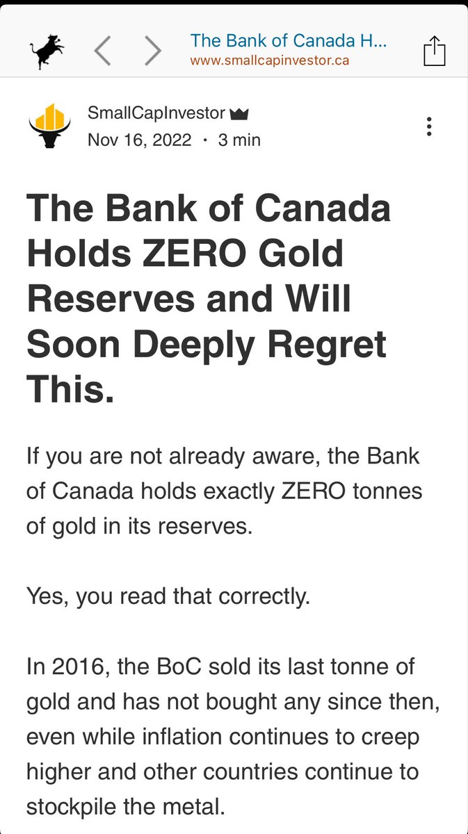 🔔 As of 2024, Canada is the only G7 country that has no gold reserves. There are no assets backing the dollar. Nothing.