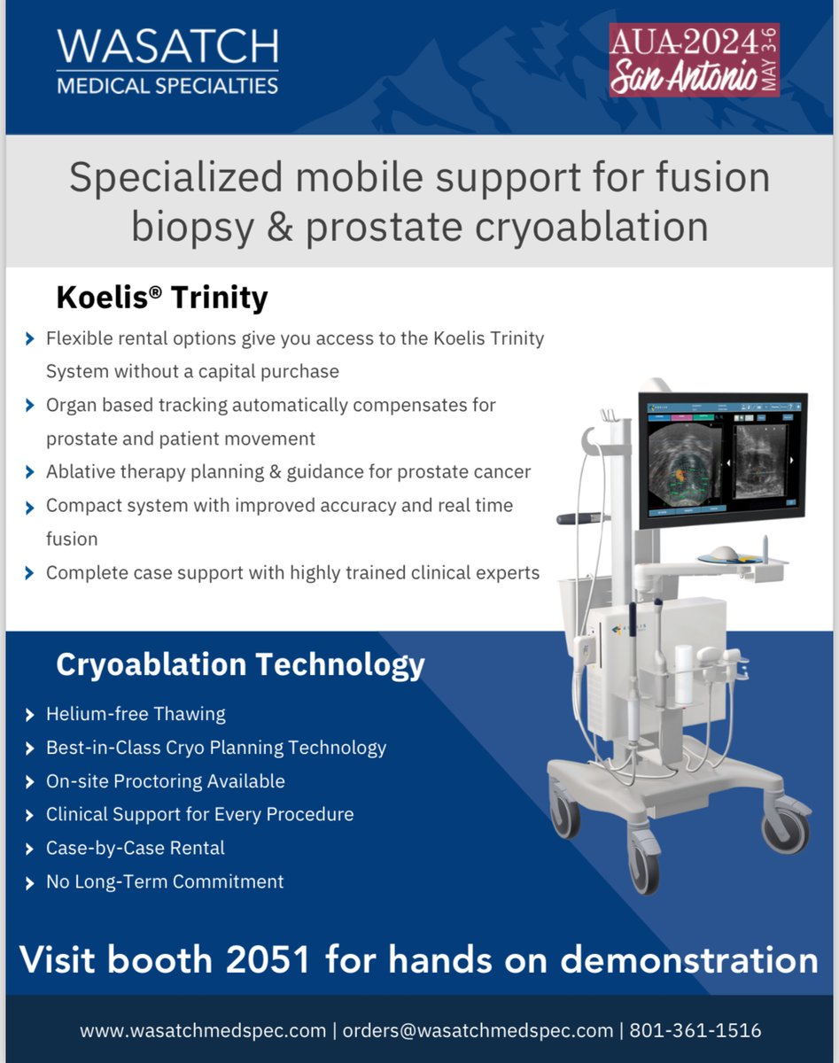 If you are attending the AUA Annual Meeting in San Antonio, please visit with Wasatch Medical Specialties at booth #2051 for hands on fusion biopsy and prostate cryoablation demos. #AUA24 #focaltherapy @WasatchCryo @KoelisBx @bostonsci