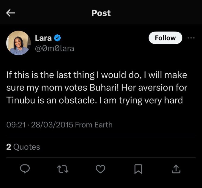 She even voted for Buhari.

Nigerians should know smart people. Electoral choices are very important in classifying smart people.