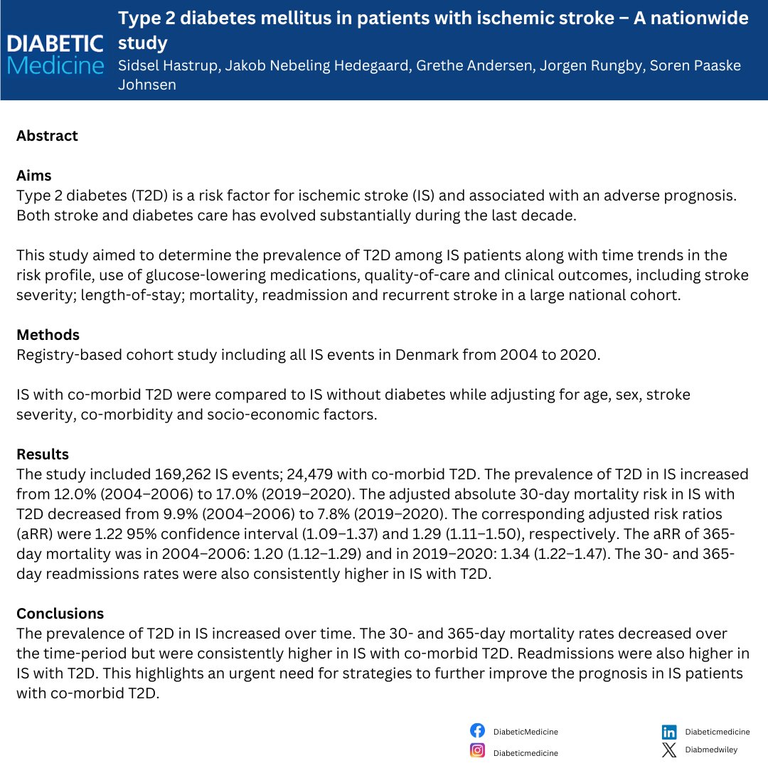 📢 #OpenAccess Type 2 diabetes mellitus in patients with ischemic stroke – A nationwide study by Sidsel Hastrup. 🔗doi.org/10.1111/dme.15… #t2diabetes #diabetes #stroke #PublicHealth