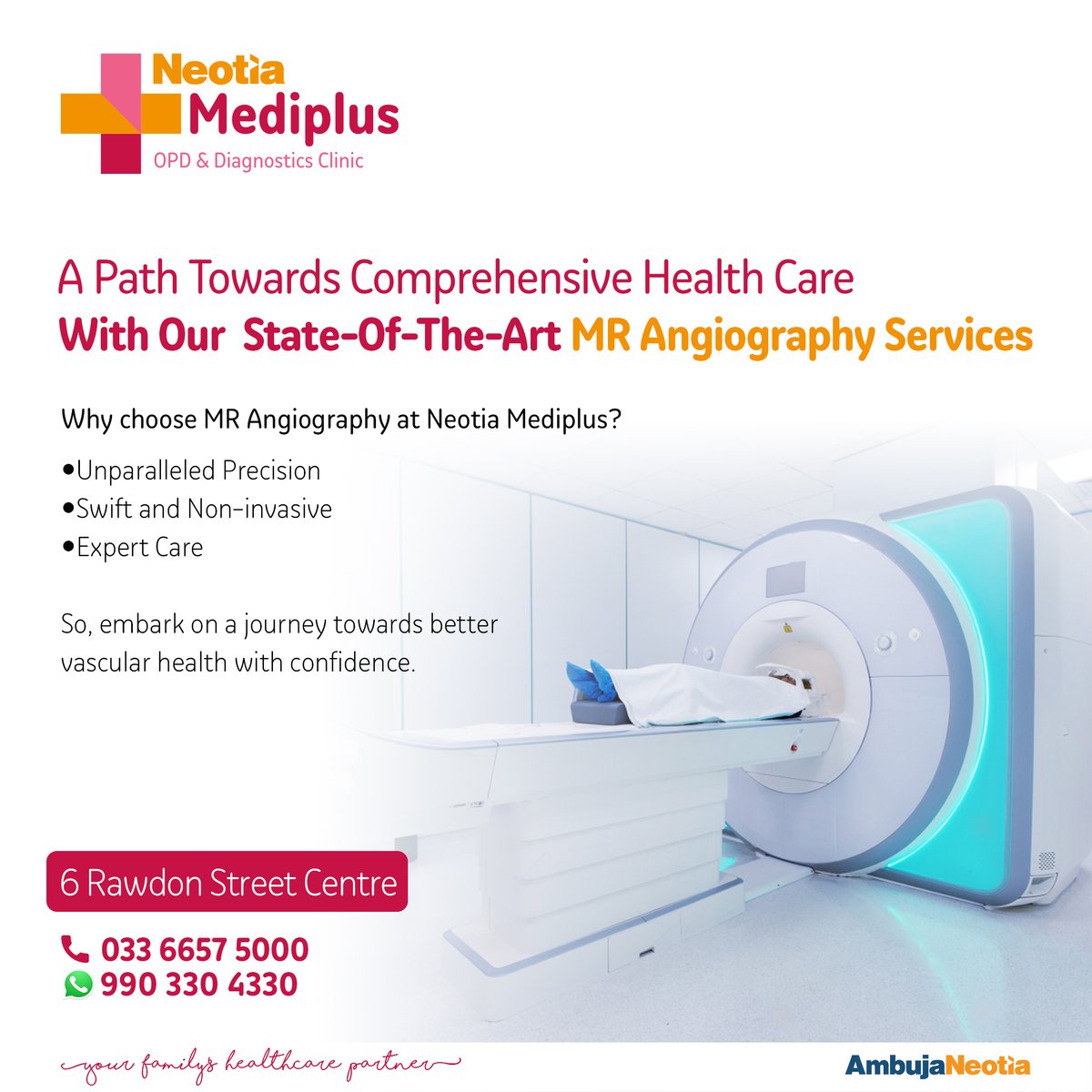 Unlock Precision with MR Angiography! Our scans offer 95% accuracy, spotting vascular issues early. Experiencing symptoms? Book now for personalised care. Trust Neotia Mediplus for a healthier you! #MRangiography #VascularHealth #AmbujaNeotia #PersonalisedCare #NeotiaMediplus