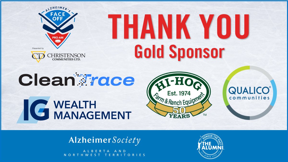 We are thankful for the support of our Gold Sponsors  for their support of the #alzfaceoff this past weekend. It was a success. Thank you

@HiHogRanchEquip
@QualicoYeg
@IGWealthMgmt
@Cleantrace

@NHLAlumni

#HelpforDementia