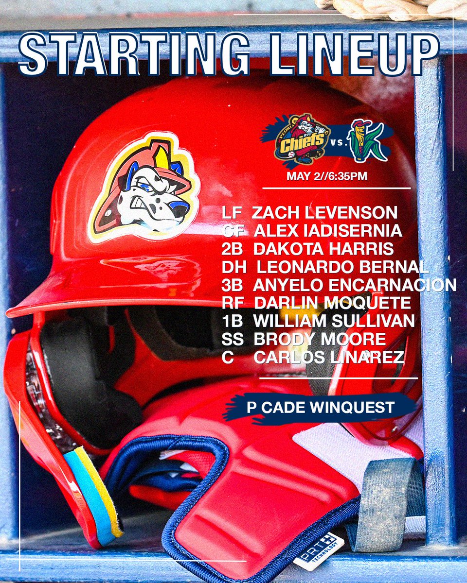 Tonight's starting lineup for the Chiefs for game 3 of the series against @CRKernels. Tune in with Cody for the ingame action!! 📻: bit.ly/3VSK7PF - - - #peoriachiefs