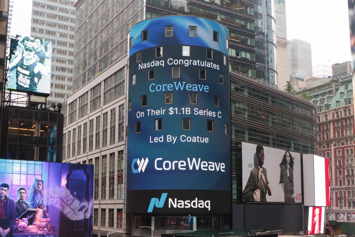 CoreWeave's latest funding round made it to Times Square! Thank you to <a href="/Nasdaq/">Nasdaq</a> for this amazing recognition, and to all of the investors who believed in our mission. Now back to work 🔨