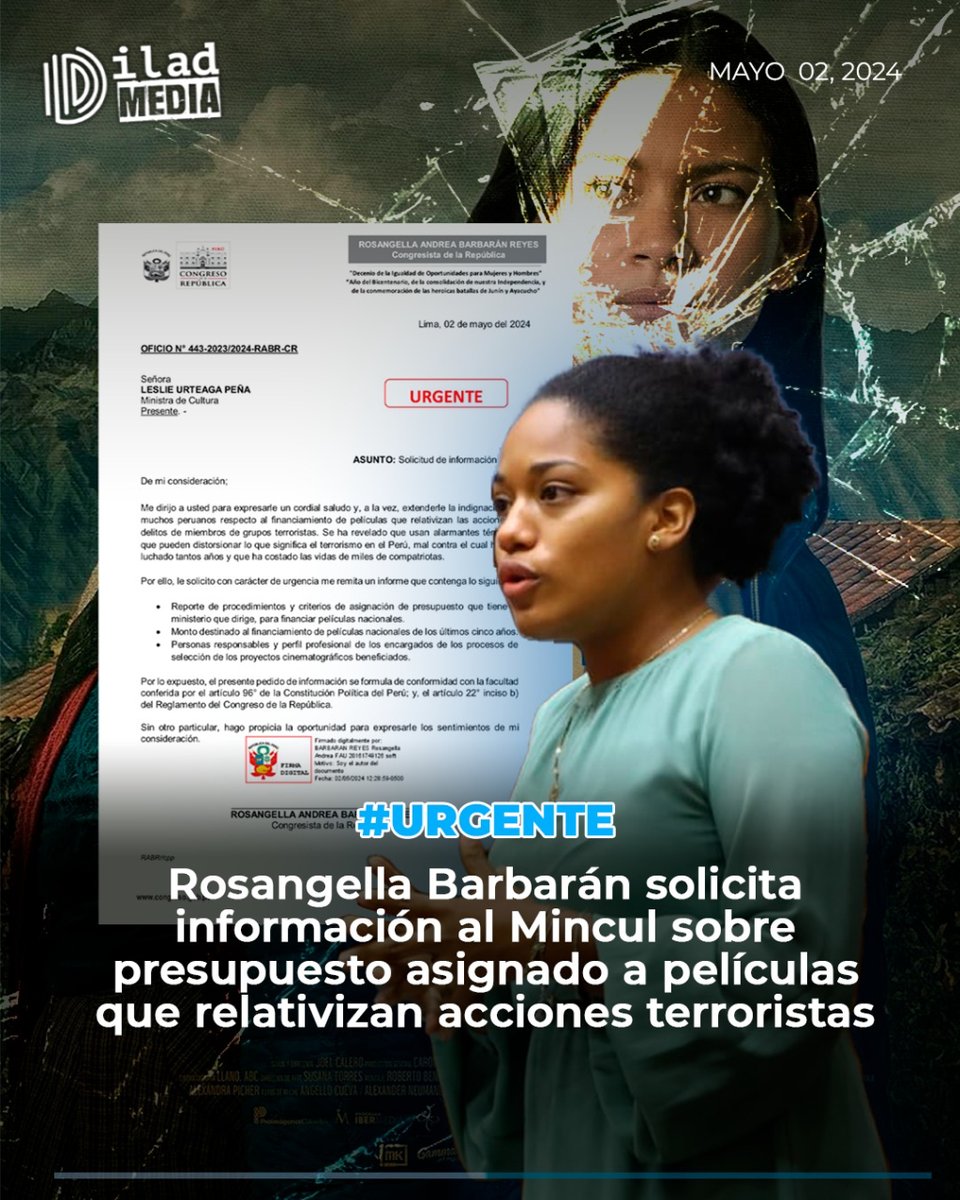 #URGENTE 🚨 | La congresista Rosangella Barbarán envió al Ministerio de Cultura un oficio con carácter de urgencia, solicitando información acerca de los criterios de asignación de presupuesto público a películas ideologizadas que relativizan las acciones de grupos terroristas.