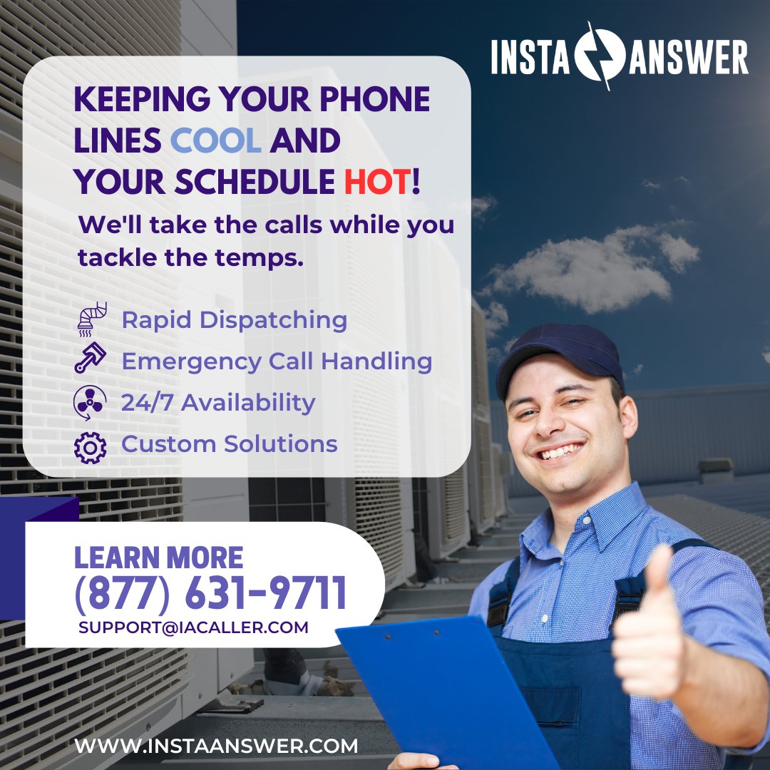 We'll keep your phone lines just as cozy as your clients! Let us handle the calls while you keep the HVAC running smoothly.

Call (877) 631-9711 or email support@iacaller.com to stay cool under pressure!

#InstaAnswer #HVAC #CustomerSuccess #VirtualReceptionist #CustomerService