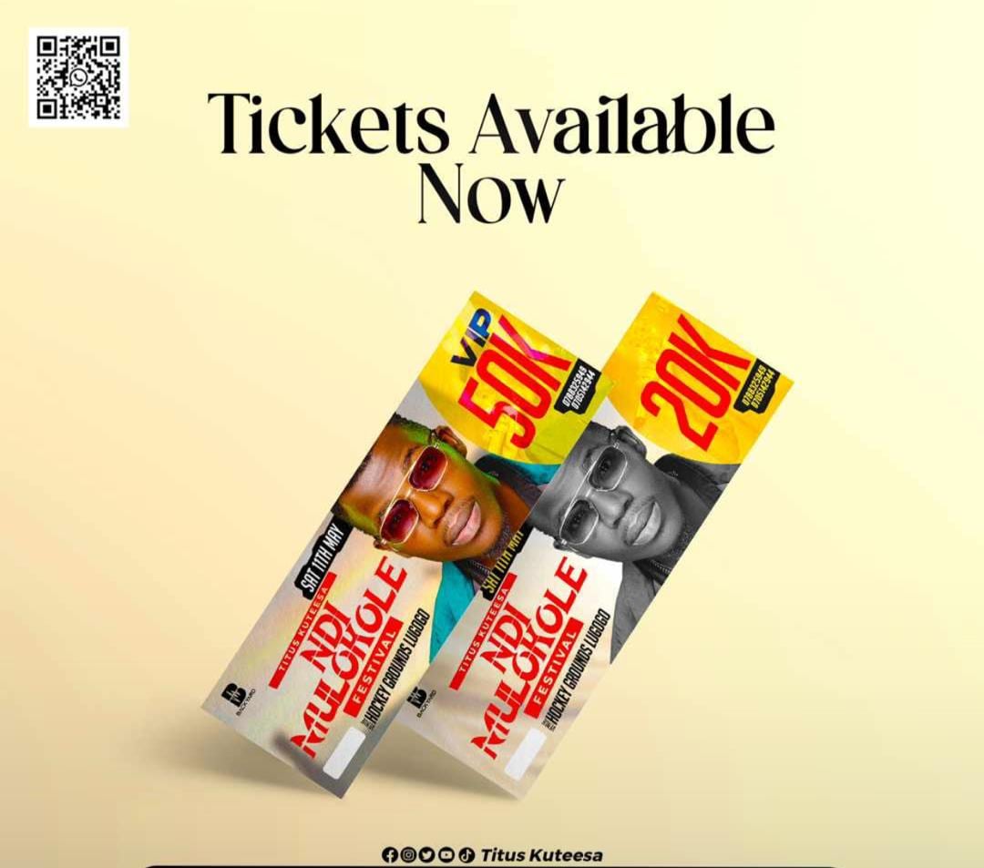 Grab your tickets for the NDI MULOKOLE FESTIVAL Hosted  by Titus Kuteesa Official taking place on May 11th/May/24 at Hockey Grounds Kololo 

Ticket: Ordinary - 20K, VIP - 50K, Table - 1M

#NdiMulokole 
#RoyalArmyUganda 
#WeDoitForTheGospel